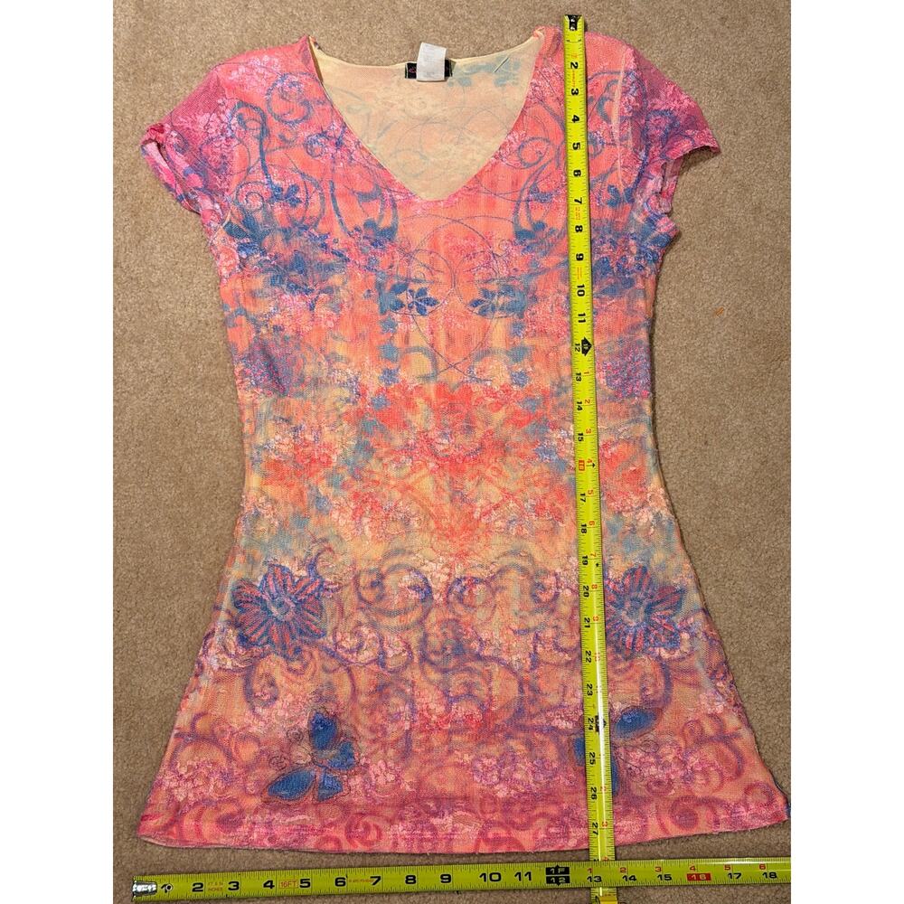 Y2K Cocomo Mesh Top Short Sleeve Butterfly Floral Print V-Neck Size S - Picture 2 of 7